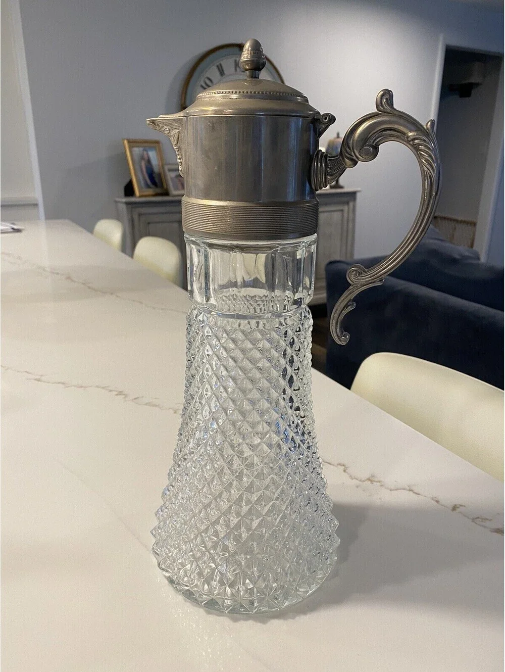 Vintage Large Diamond Point Glass Silver Plated Top Decanter Pitcher Ice Tube